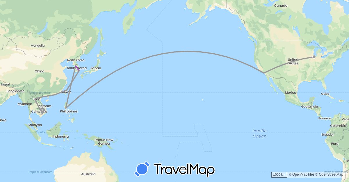 TravelMap itinerary: driving, plane, train in China, South Korea, Laos, Philippines, Taiwan, United States, Vietnam (Asia, North America)